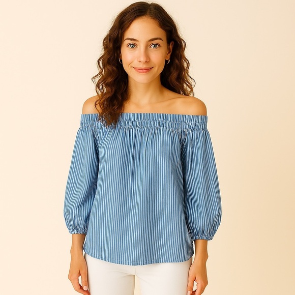 DO + BE Small off the shoulder Cotton Blouse Summer Blue White Striped Preppy S - Picture 1 of 5
